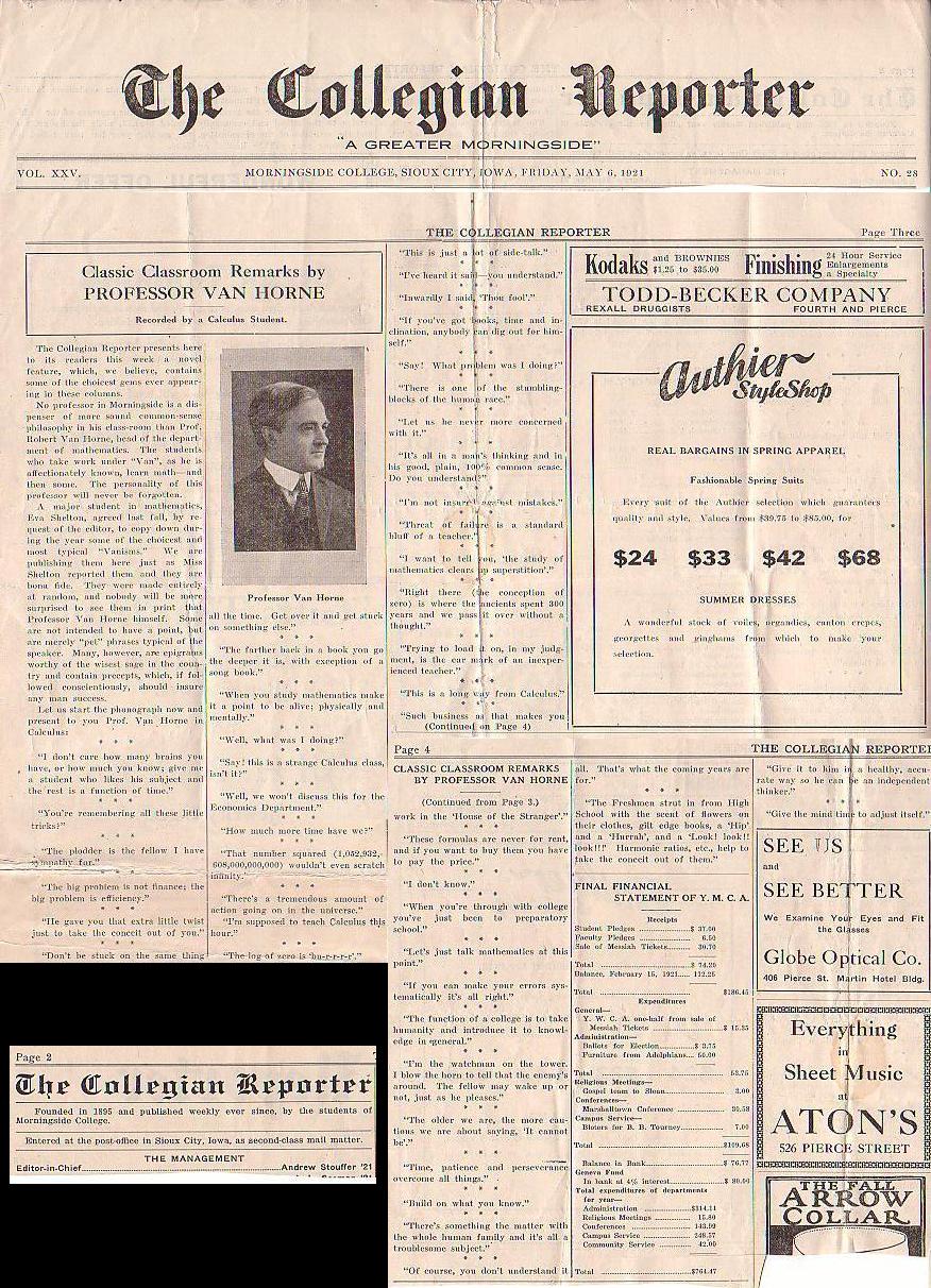 Classic Classroom Remarks by Professor Van Horne. Published in The Collegian Reporter of Morningside College May, 6, 1921